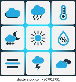 Nature Colored Icons Set. Collection Of Humidity, Lightning, Rainstorm And Other Elements. Also Includes Symbols Such As Snowfall, Percent, Humidity.