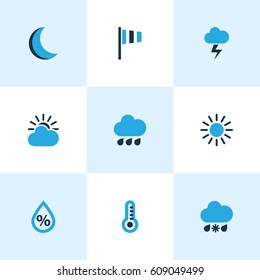 Nature Colored Icons Set. Collection Of Sunny, Thermometer, Rainfall And Other Elements. Also Includes Symbols Such As Rain, Sunny, Forecast.