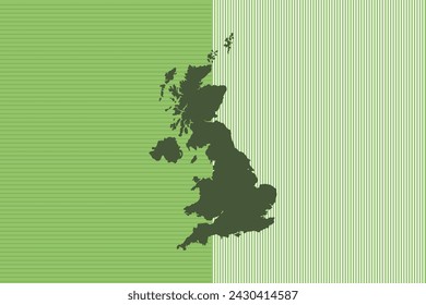 Concepto de diseño de mapa con rayas verdes aisladas del país Reino Unido - ilustración vectorial