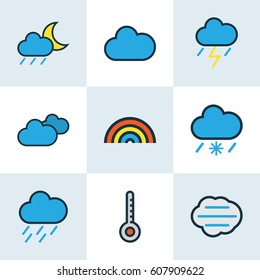 Nature Colored Outlines Set. Collection Of Cloudy Day, Overcast Weather, Rainbow And Other Elements. Also Includes Symbols Such As Weather, Overcast, Scale.