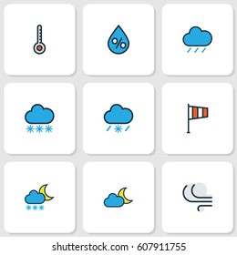 Nature Colored Outlines Set. Collection Of Freeze, Snowing, Windy And Other Elements. Also Includes Symbols Such As Hail, Wind, Moon.
