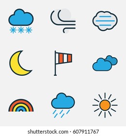 Nature Colored Outlines Set. Collection Of Rainbow, Windy, Hazy And Other Elements. Also Includes Symbols Such As Sun, Sunshine, Lunar.