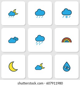 Nature Colored Outlines Set. Collection Of Rainbow, Overcast Weather, Lunar And Other Elements. Also Includes Symbols Such As Hazy, Snow, Overcast.