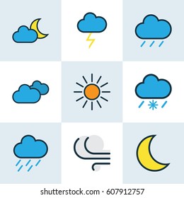 Nature Colored Outlines Set. Collection Of Hazy, Tornado, Windy And Other Elements. Also Includes Symbols Such As Breeze, Lunar, Rain.