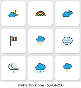 Nature Colored Outlines Set. Collection Of Windy, Cloudburst, Thunderstroke And Other Elements. Also Includes Symbols Such As Moon, Storm, Cloudburst.