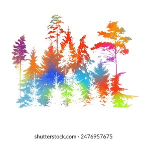 Nature colored silhouette. Forest with trees. hand drawing. Not AI. Vector illustration.