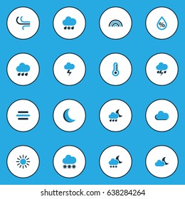 Nature Colorful Icons Set. Collection Of Arc, Lightning, Fog And Other Elements. Also Includes Symbols Such As Blizzard, Moon, Winter.