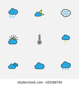Nature Colorful Outline Icons Set. Collection Of Overcast Weather, Tempest, Cloudy Day And Other Elements. Also Includes Symbols Such As Solar, Degree, Twilight.