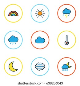 Nature Colorful Outline Icons Set. Collection Of Cloudy Day, Tempest, Freeze And Other Elements. Also Includes Symbols Such As Degree, Lunar, Freeze.