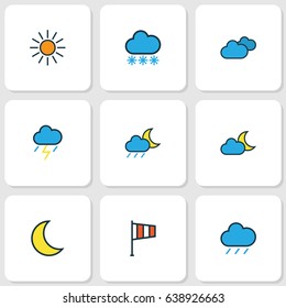 Nature Colorful Outline Icons Set. Collection Of Twilight, Hail, Overcast Weather And Other Elements. Also Includes Symbols Such As Raindrop, Lunar, Storm.