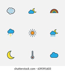 Nature Colorful Outline Icons Set. Collection Of Thunderstroke, Moonbeam, Scale And Other Elements. Also Includes Symbols Such As Sun, Scale, Thermometer.