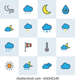 Nature Colorful Outline Icons Set. Collection Of Twilight, Moonbeam, Thunderstroke And Other Elements. Also Includes Symbols Such As Sunshine, Clouded, Hail.