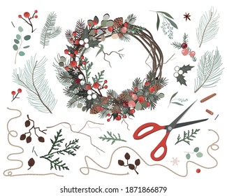 Nature components Christmas wreath made of natural eco decorations. How to make Xmas wreath with your own hands. Vector illustration. Making of winter decoration at home, quarantine activity for holid