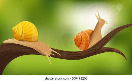 Nature composition with two realistic snails in the environment on tree limb with blurry green background vector illustration