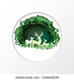 Nature concept with ecology and environment conservation.Green forest and deers wildlife with natural background layers paper art style.Vector illustration.