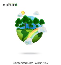 Nature concept flat design.Green eco earth and trees and forest with ecological and environment concept flat design.Vector illustration.