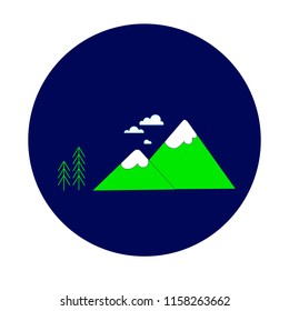 Nature concept flat round icon with stylized white clouds, green fir trees, mountain on dark blue stock vector illustration for web, for print