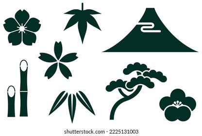 Nature concept flowers, tree, mountain icons silhouette vector illustration