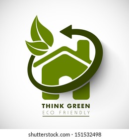 Nature concept with green leaves, eco house and text think green.