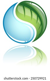 Nature Concept - Nature icon concept with a leaf and water droplet as a yin yang symbol.  Icon and reflection are grouped separately for easy editing.  