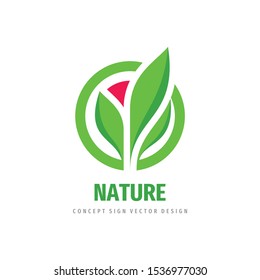 Nature concept logo design. Abstract flower & green leaves symbol. Health sign. Vector illustration. 
