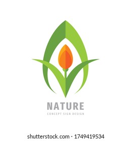 Nature concept logo design. Abstract flower & green leaves symbol. Health sign. Vector illustration. 