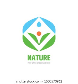 Nature concept logo design. Pure water & vegetable food. Green leaves and blue water concept icon sign. Vector illustration. 