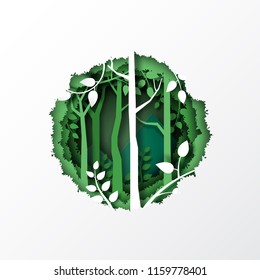 Nature concept with paper cut of green leaf and forest silhouette landscape abstract background.Paper art style vector illustration.