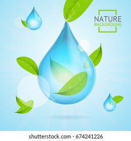 Nature Concept Transparent Purity Drop Water and Fly Green Leaves Trendy Ecology and Environment. Vector illustration