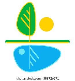 Nature conservancy logo. Tree, the sun and their reflection in the lake.