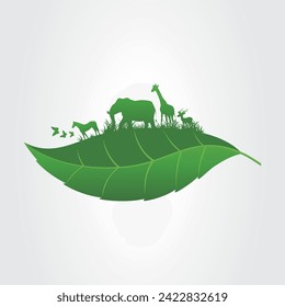 Nature conservation concept with animals on a leaf silhouette Nature Environment Leaf Green Life Animals Forest Wild life Save Planet Save Earth Save Nature