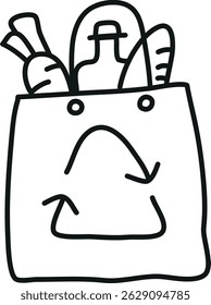 nature conservation concept. Eco-friendly bag with groceries and a recycling symbol.hand drawn doodle line style
