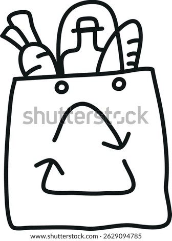 nature conservation concept. Eco-friendly bag with groceries and a recycling symbol.hand drawn doodle line style