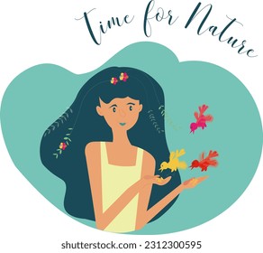 nature conservation concept girl feeding birds seeds flat vector with text