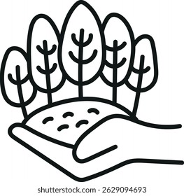 concepto de conservación de la naturaleza. Mano que sostiene los árboles y el suelo, que simboliza la naturaleza y el cuidado. Estilo de línea de doodle dibujado a mano