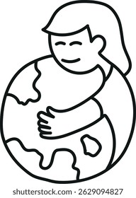 nature conservation concept. Person embracing the Earth in a simple line drawing.hand drawn doodle line style