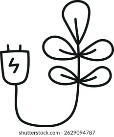 nature conservation concept. A plant illustration with an electric plug, symbolizing eco-energy.hand drawn doodle line style