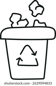 nature conservation concept. Recycling bin with crumpled paper waste inside.hand drawn doodle line style