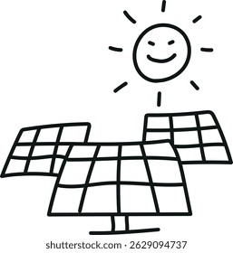 concepto de conservación de la naturaleza. Paneles solares con una ilustración sonriente del sol. estilo dibujado a mano de la línea del doodle