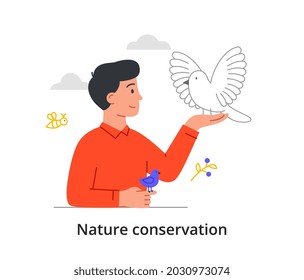 Nature conservation concept. Young man takes care of birds. Improving ecological state of planet. Animal protection. Cartoon contemporary flat vector illustration isolated on white background