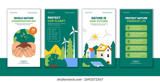 Nature Conservation Day Vector Stories Template with Flat Cartoon Hand Drawn Background