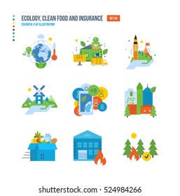 Nature conservation and environmental protection, healthy food, environment protection service, preservation of natural resources icons set over white background. Colorful flat illustrations.