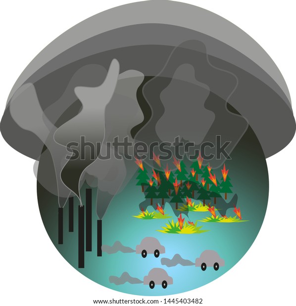 Nature conservation, global environmental problems,\
the Earth is in danger. Vector illustration. The globe is covered\
with smoke from cars, forest fires, industries. The terrible future\
of our plan.