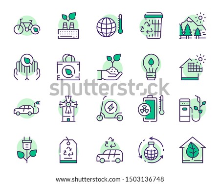 Nature conservation green color linear icons set. Environment protection thin line contour symbols. Alternative energy. Eco friendly transport and waste recycling isolated vector outline illustrations