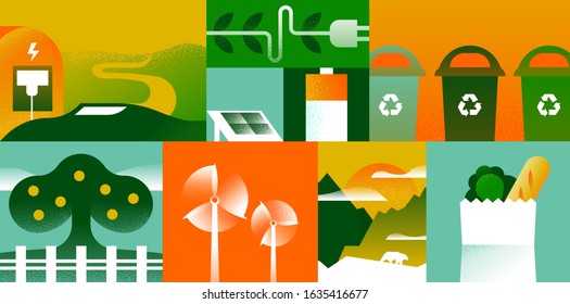 Nature conservation illustration concept for environment campaign or eco friendly project. Modern flat mosaic set includes green energy technology, electric car, wildlife park and more. 