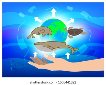 Nature conservation, plastic bag, Human hands helping marine life, fish, sea turtles