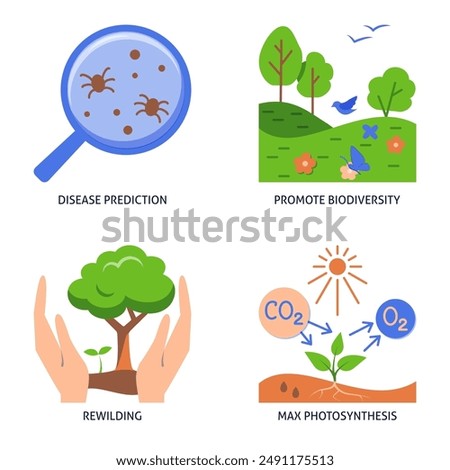 Nature conservation and protection flat icon set. Biodiversity, rewilding symbols. Vector illustration.