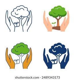 Nature conservation and rewilding icon set in flat and line style. Hands holding and protecting tree. Vector illustration