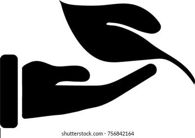 Nature conservation or spa concept, B&W icon of hand and leaf.