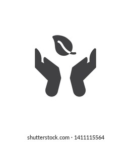 Nature conservation vector icon. filled flat sign for mobile concept and web design. Hand and leaf glyph icon. Ecology care symbol, logo illustration. Vector graphics